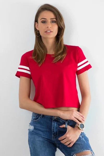 Dámské krátké červené bavlněné tričko FPrice
