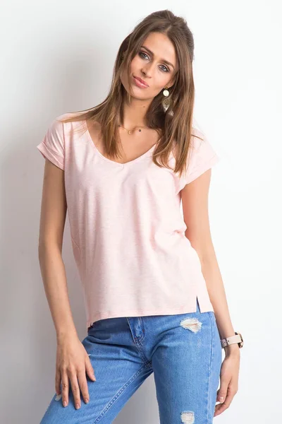 Dámské bavlněné melanžové tričko s růžovým výstřihem do V FPrice