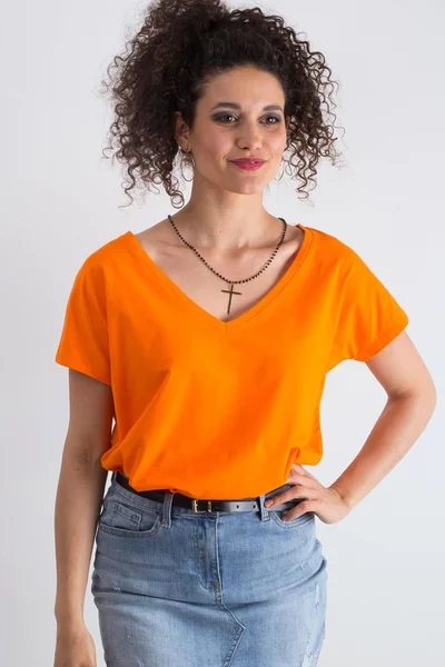 Dámské bavlněné oranžové tričko s výstřihem do V FPrice