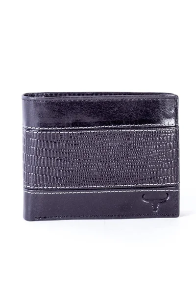 Pánská černá kožená peněženka s vodorovnou vyraženou vložkou FPrice