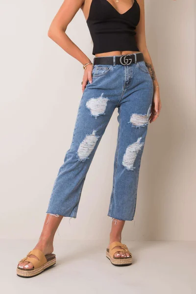 Dámské modré mámy džíny s otvory FPrice