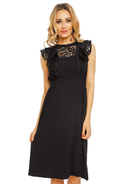 Dámské šaty s krajkovým rukávem středně dlouhé černé - Černá - Elli White