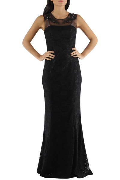 Dámské společenské a plesové šaty krajkové dlouhé luxusní CHARM'S Paris černé - Černá XS -