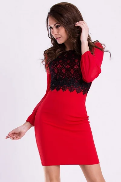 Dámské společenské šaty Emamoda s dlouhými rukávy červeno-černé - Červená L - Emamoda