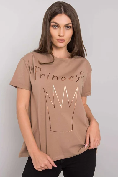 Tmavě béžové dámské bavlněné tričko s potiskem FPrice