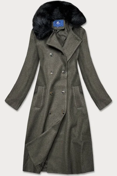 Dámský dlouhý kabát v khaki barvě s kožešinovým límcem 7COY Ann Gissy