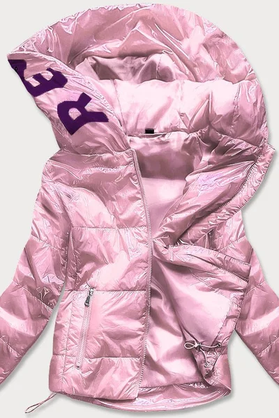 Růžová lesklá prošívaná bunda pro ženy s kapucí 3O7AHM S'WEST