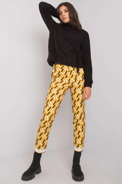 Dámské kalhoty z černé a žluté vzorované látky FPrice