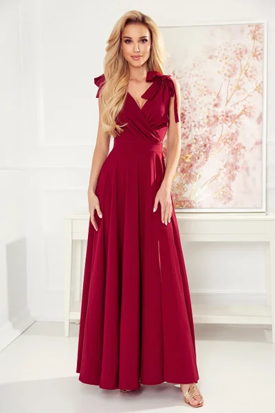 ELENA - Dlouhé dámské šaty ve vínové bordó barvě s výstřihem a zavazováním na ramenou 2Z07