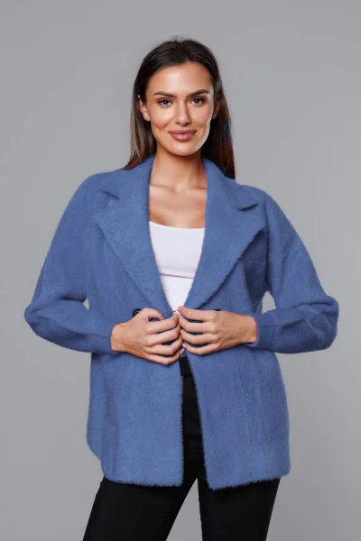 Příjemný modrý dámský kabátek typu alpaka s límcem