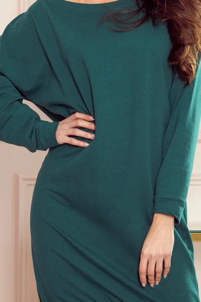 Zelené volnější dámské šaty z bavlny s dlouhými rukávy - Numoco