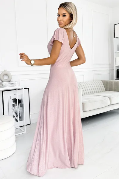 Růžové lesklé maxi šaty CRYSTAL s obálkovým výstřihem od Numoco