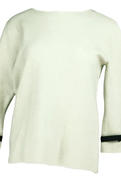Dámský svetr na rukávech zdobený bílým plisovaným volánkem a černou stužkou SW V6Y50H - Ge