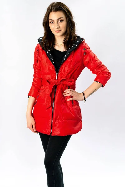 Červená a puntíkovaná oboustranná bunda pro ženy s kapucí 5O3 MHM