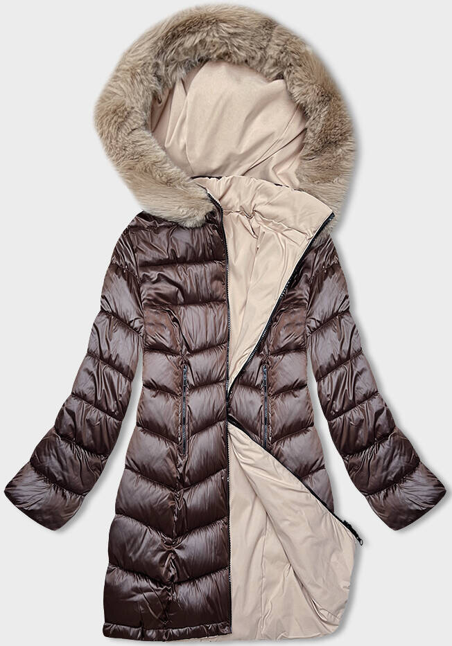 Zimní bunda s odnímatelnou kapucí a kožešinovým lemem pro ženy - Zimní Záře, odcienie zieleni 46 i392_22768-R