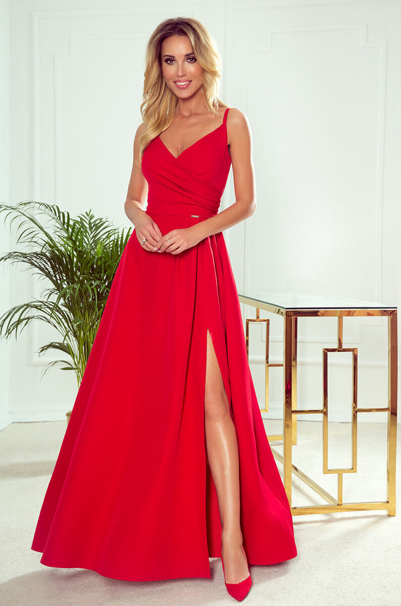 CHIARA - Elegantní červené dámské maxi šaty na ramínkách PQMK Numoco, M i367_1474_M