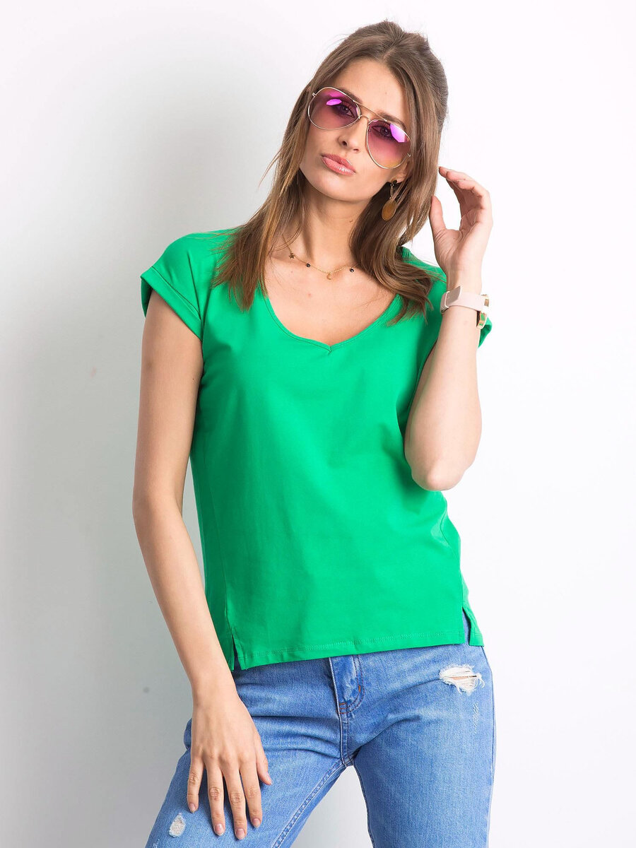 Dámské zelené bavlněné tričko s výstřihem do V FPrice, L i523_2016102132707