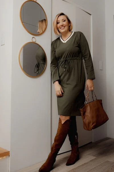 Fasardi dámské plus size šaty khaki se zavazováním v pase