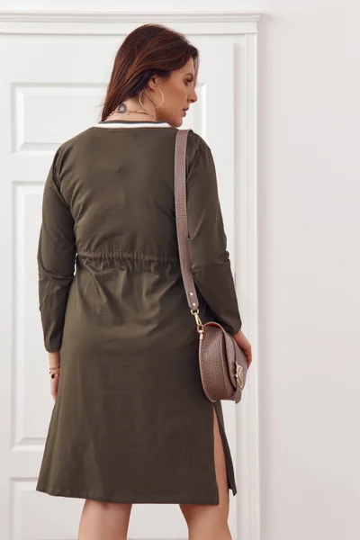 Fasardi dámské plus size šaty khaki se zavazováním v pase