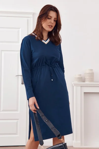 Dámské tmavě modré šaty Plus Size s páskem Fasardi