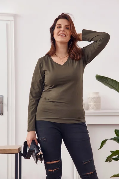 Dámská plus size khaki halenka s dlouhým rukávem Fasardi