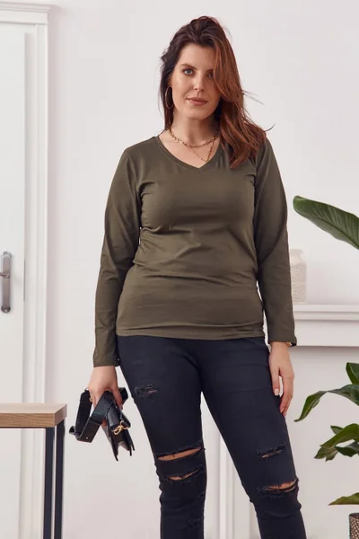 Dámská plus size khaki halenka s dlouhým rukávem Fasardi