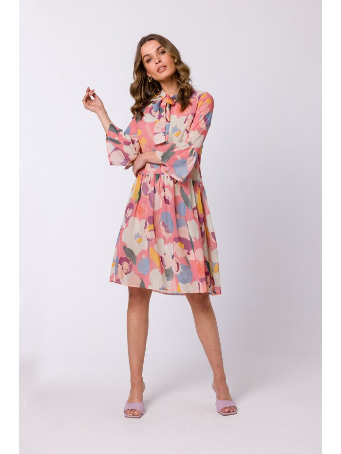 Letní šifonové šaty s potiskem a vázaným výstřihem od Stylove, EU M i529_2019452598428764673
