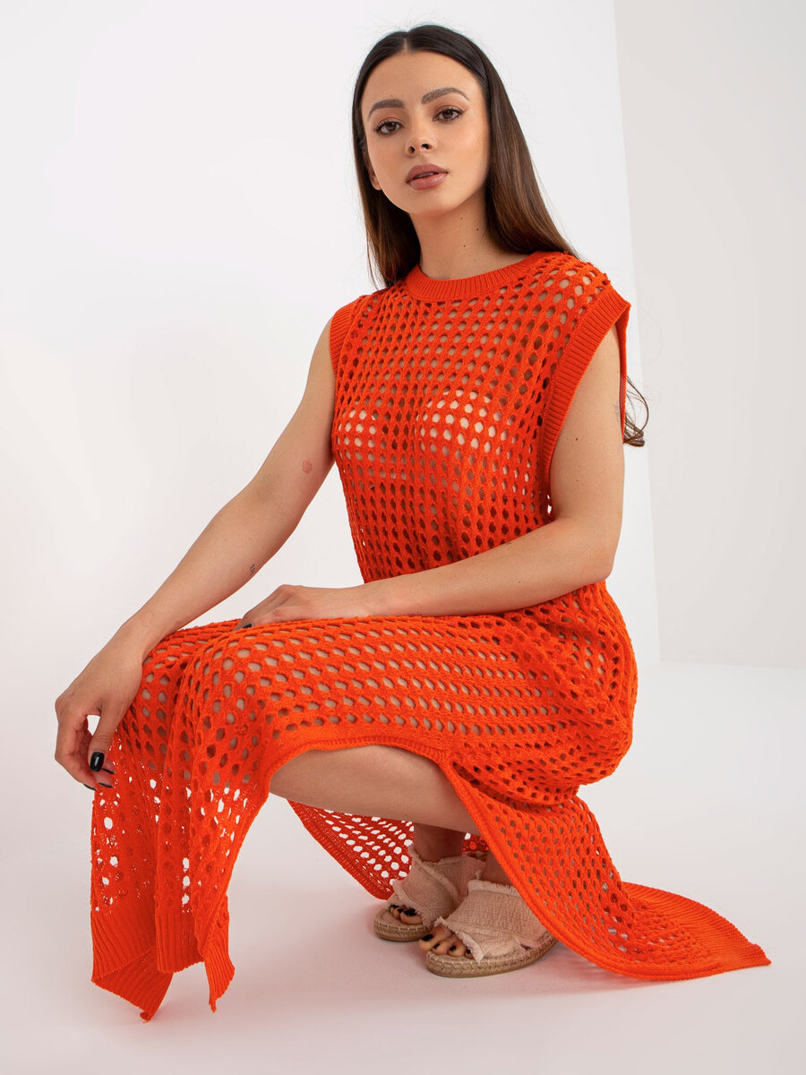 Oranžové maxi pletené šaty bez rukávů - Letní ažurový styl, jedna velikost i523_2016103406265