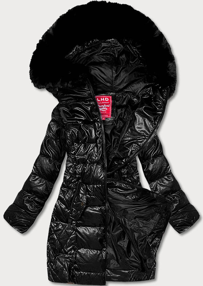 Zimní bunda s kapucí a kožešinou pro ženy - Černá LHD, odcienie czerni M (38) i392_21232-47