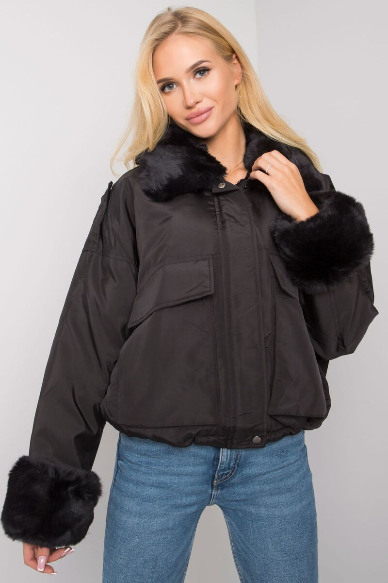 Černá bunda na zimu s kožešinovým lemem pro ženy, l i240_160939_2:L