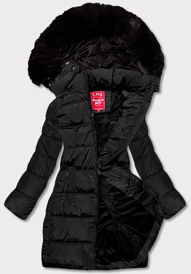 Zimní péřová bunda s odnímatelnou kožešinou a kapucí pro ženy, odcienie czerni S (36) i392_21238-46