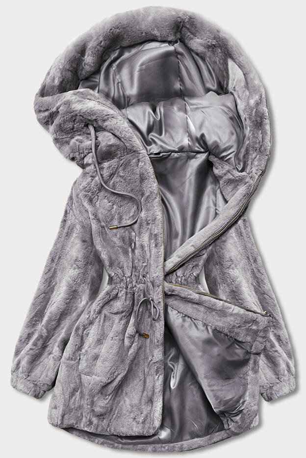 Dámská šedá kožešinová bunda s kapucí 3M8I SWEST, odcienie szarości 46 i392_20699-R