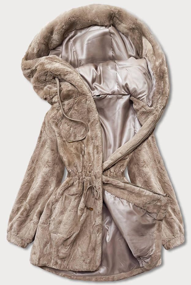 Dámská béžová kožešinová bunda s kapucí 2Q5 SWEST, odcienie beżu 48 i392_20702-27