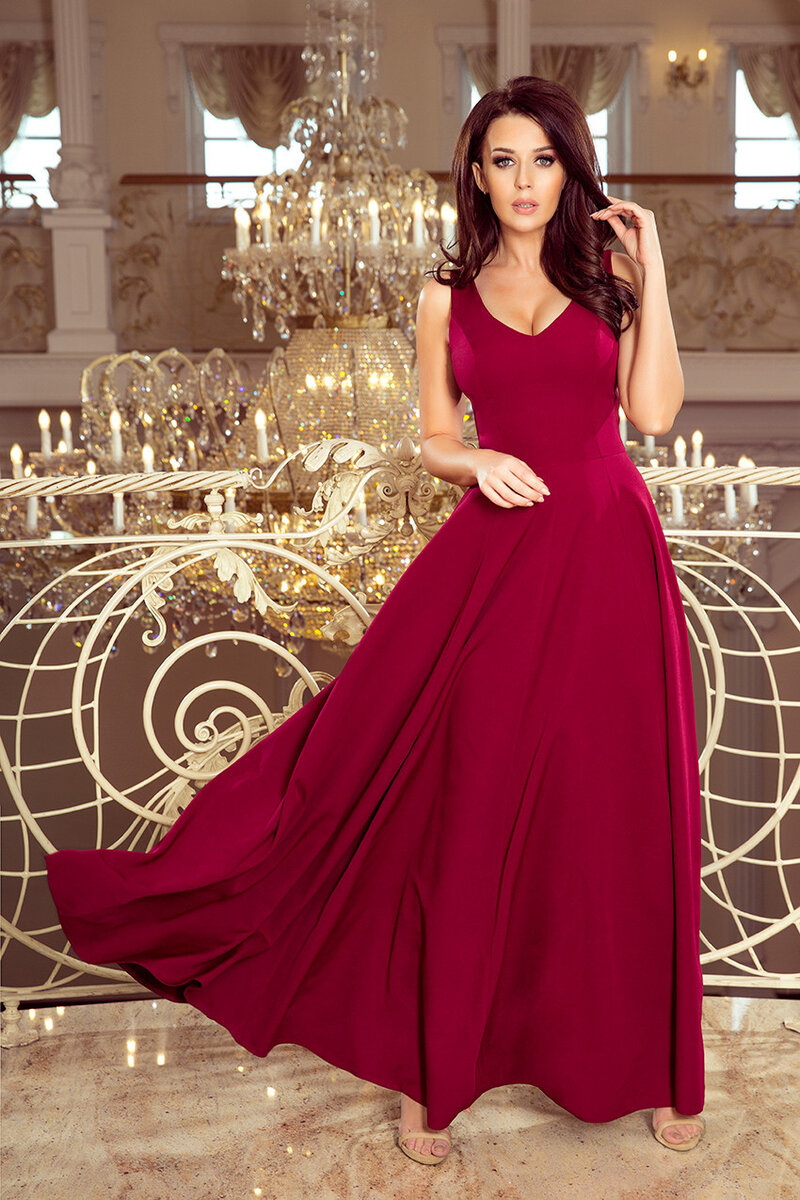 CINDY - Dlouhé dámské šaty v bordó barvě s dekoltem 1 model 43486, M i367_1304_M