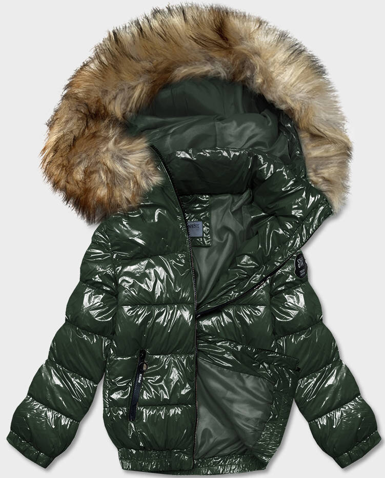 Zimní zelená bunda s odnímatelnou kožešinou a kapucí pro ženy, odcienie zieleni XXL (44) i392_21259-48