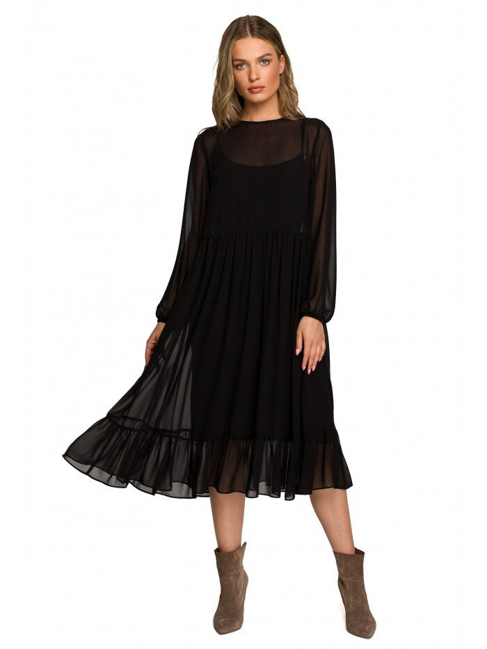 Dámské šifonové šaty s volánem černé - 655PUG STYLOVE, černá M i10_P60460_1:2013_2:91_