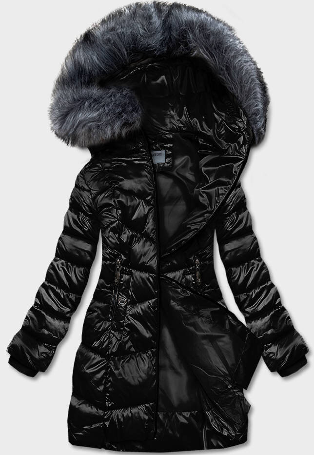 Metalická bunda na zimu pro ženy s kožešinovou kapucí - Černá SWEST, odcienie czerni S (36) i392_21279-46