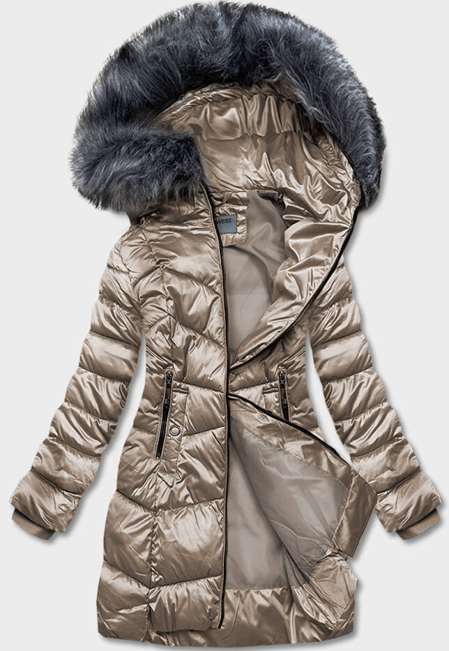 Zimní metalická bunda s kožešinovou kapucí - Béžová elegance, odcienie beżu XXL (44) i392_21280-48