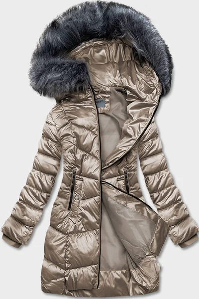 Zimní metalická bunda s kožešinovou kapucí - Béžová elegance