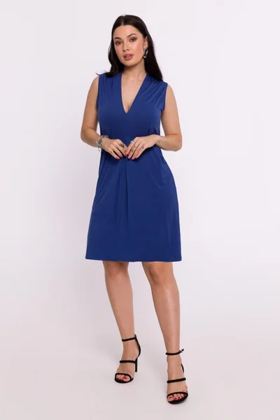 Modré Viskózové Mini Šaty Výstřih V - BeWear