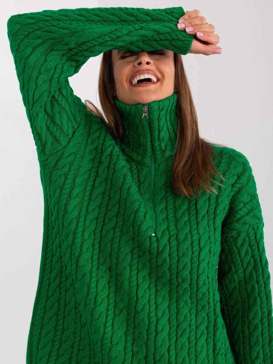 Zelený dlouhý svetr s plédy a zipem - Městský zelený jumper, jedna velikost i523_2016103467105