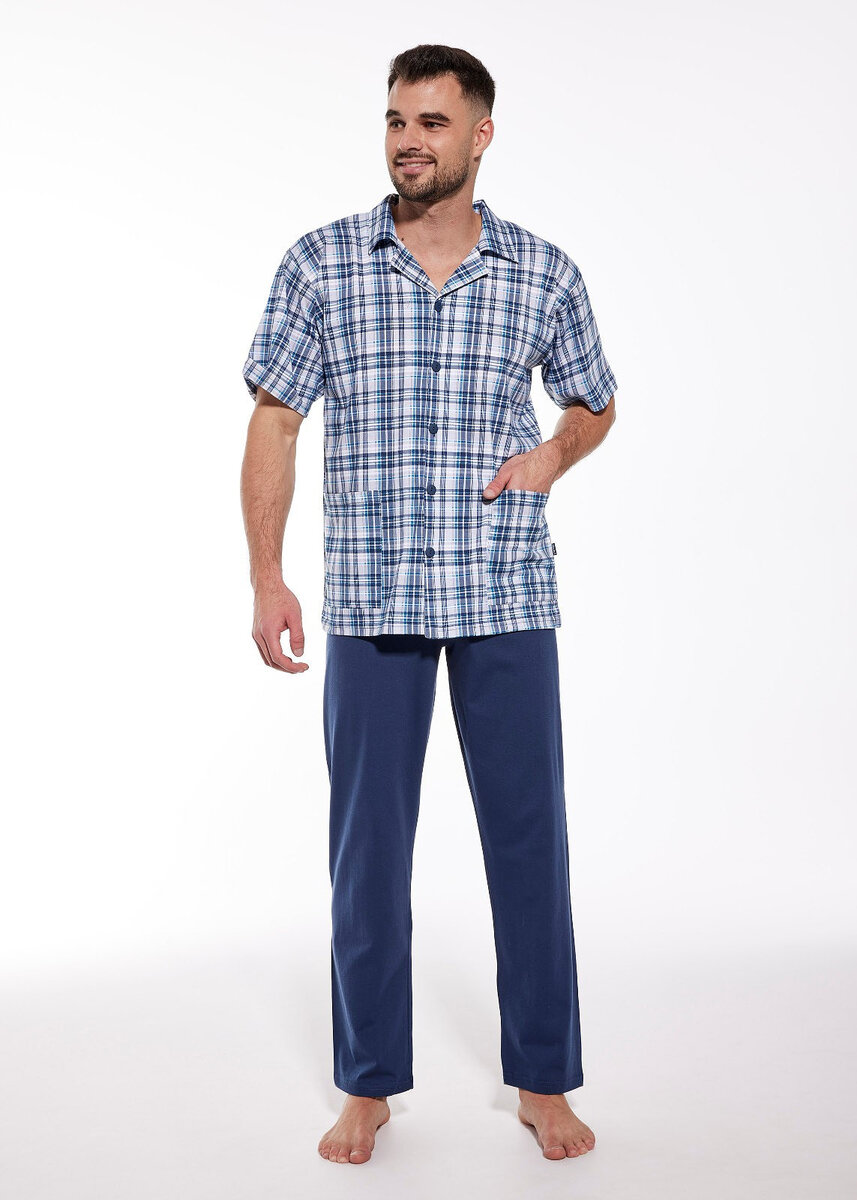Kostkované pánské zipovací pyžamo Cornette, tmavě modrá - mřížka S i384_11885530