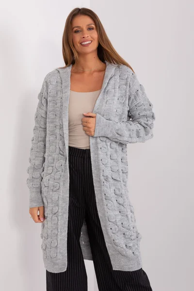 Šedý prolamovaný svetr s kapucí - Pohodlný šedý svetr FPrice