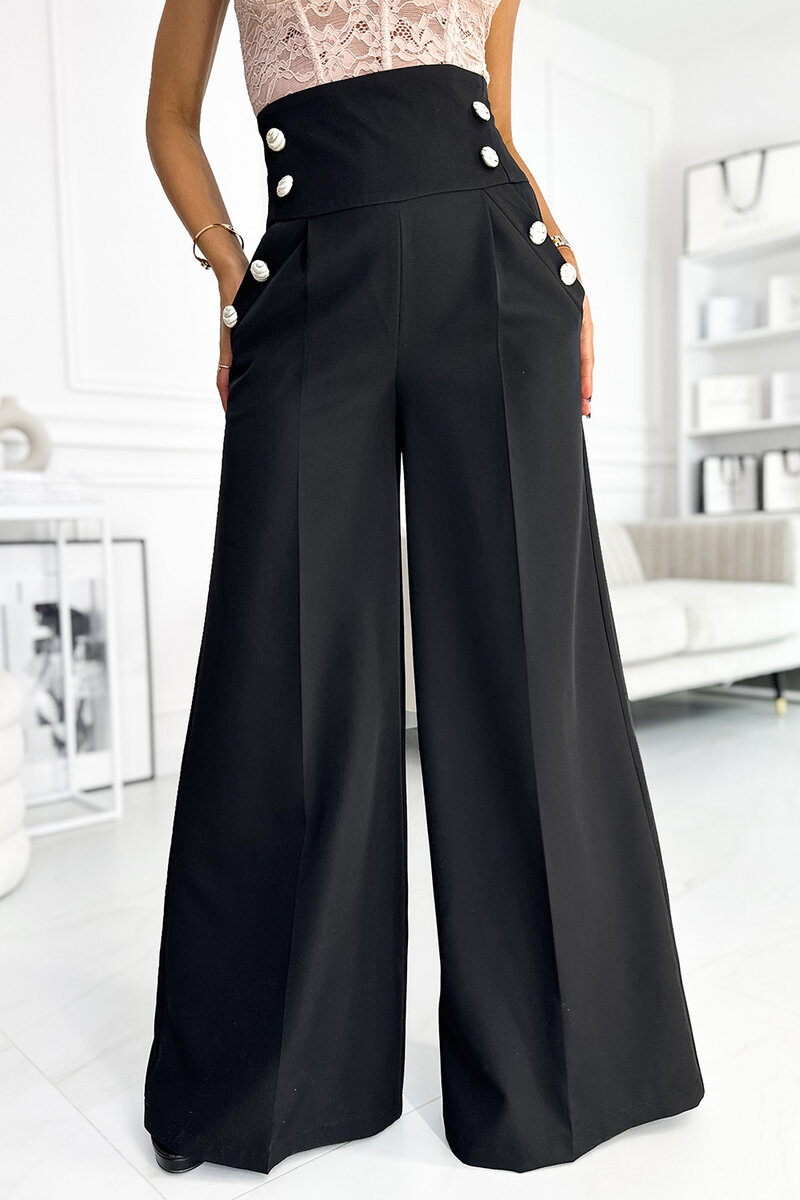 Černé elegantní široké kalhoty s vysokým sedem a zlatými knoflíky, s i240_184521_2:S