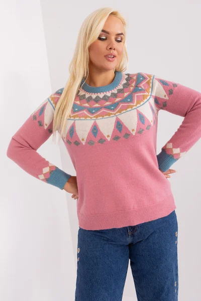 Prašně růžový plus size svetr s geometrickým vzorem Fashionhunters