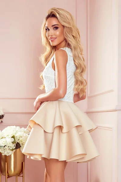 ZLATA - Béžové dámské dvoubarevné šaty s krajkovým výstřihem a pěnou B831W4 Numoco