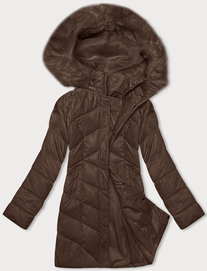 Zimní dámská péřová bunda s odnímatelnou kožešinovou kapucí - Velbloudí zázrak, odcienie brązu S (36) i392_23009-46
