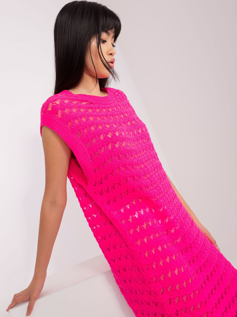 Letní fluo růžové pletené šaty bez rukávů - Ažurový styl, jedna velikost i523_2016103406920