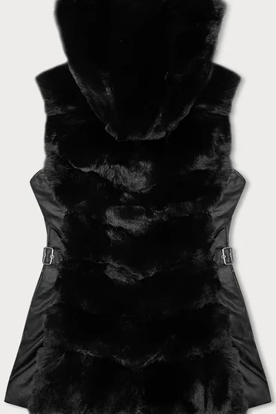 Kožešinová dámská vesta s kapucí - Černá Eko Kůže J.Style