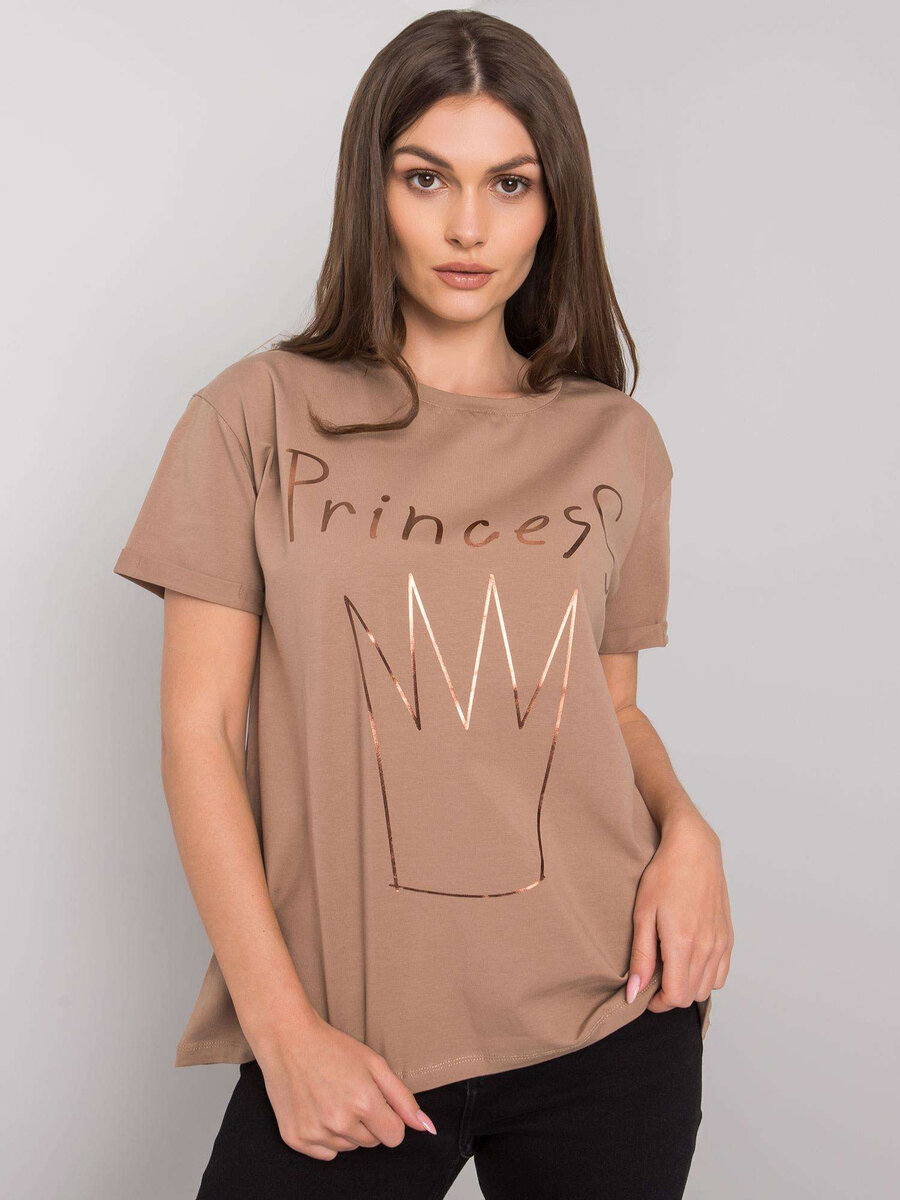 Tmavě béžové dámské bavlněné tričko s potiskem FPrice, jedna velikost i523_2016102957492